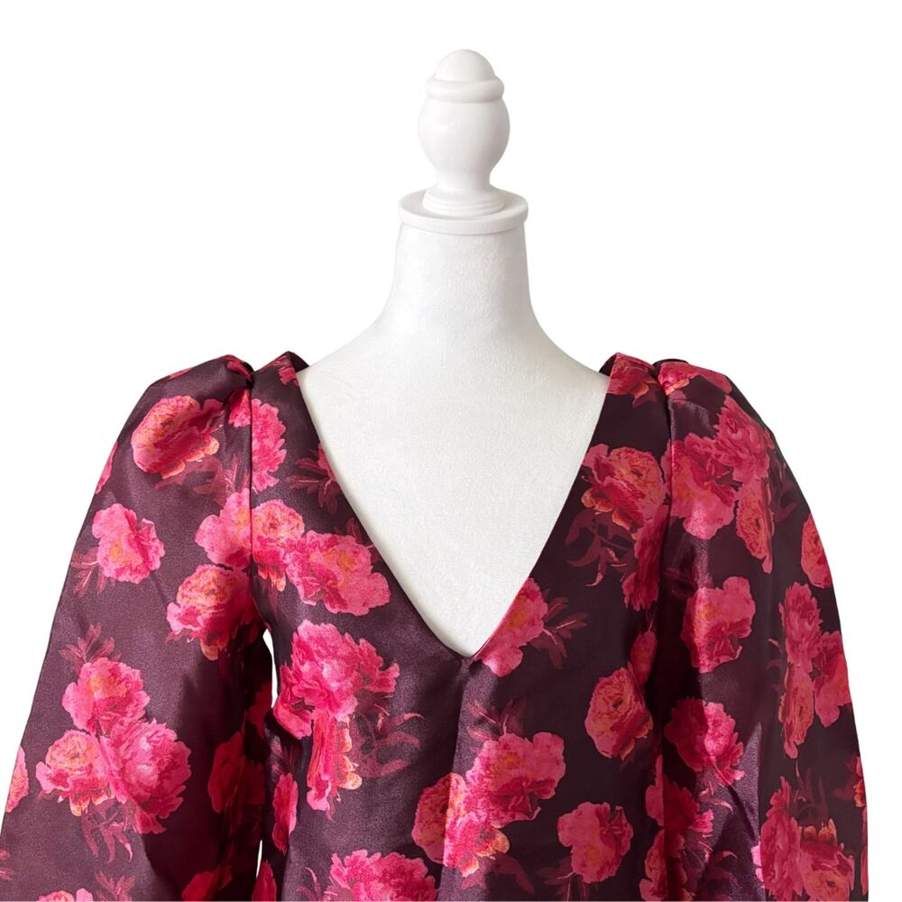 BHLDN Aliana Long Sleeve V Neck Floral Organza Mini Dress XS Red NWT - Picture 3 of 11